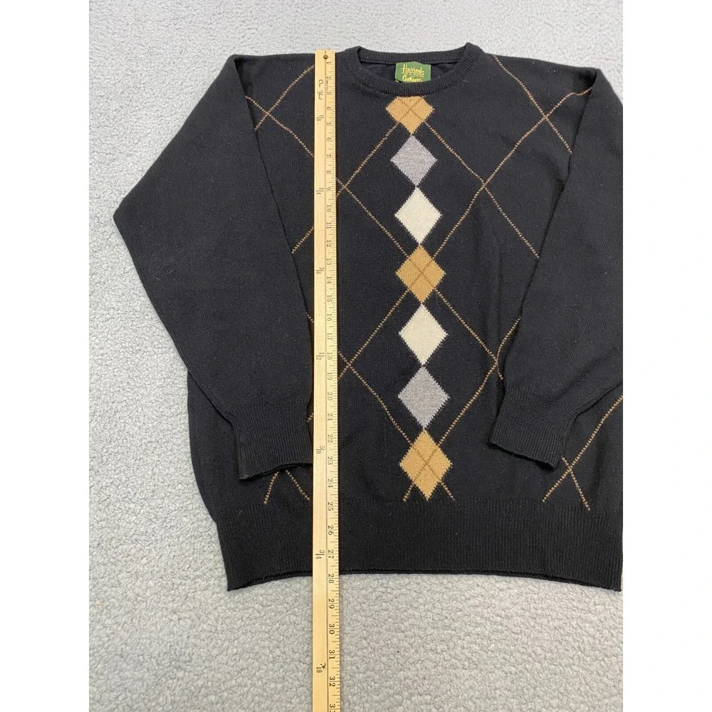 Harrods Knightsbridge Sweater Mens Medium Black Knit Wool Argyle Preppy Academia